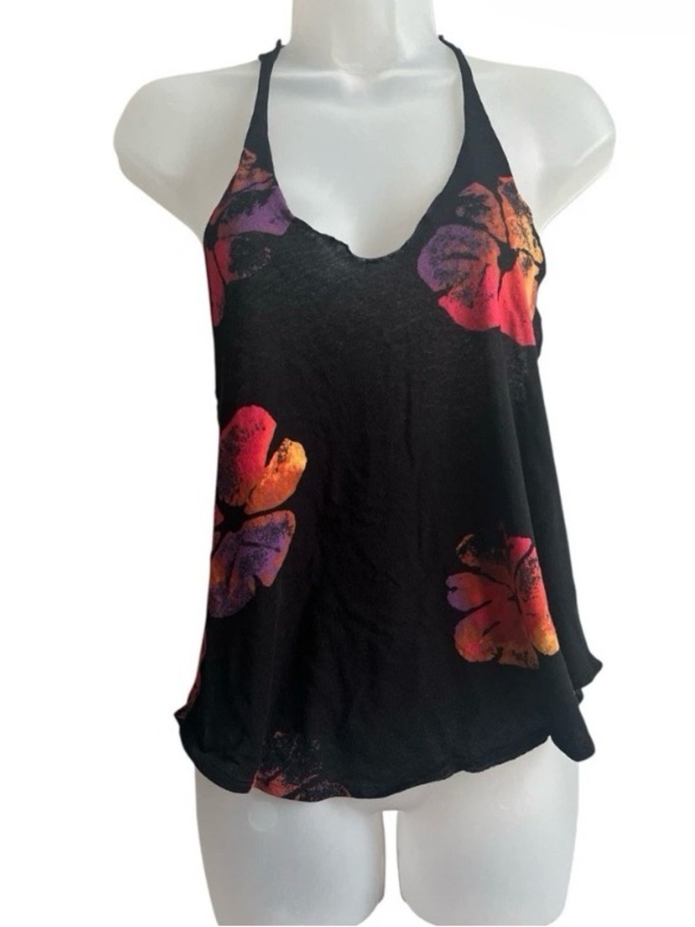 Black racerback tank top with bright neon flowers XS